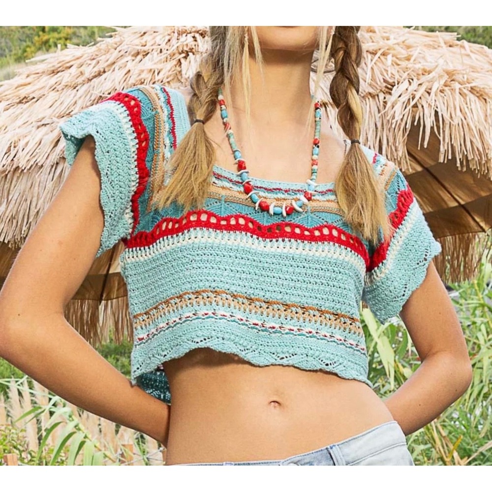 POL Womens Crochet Square Neck Short Sleeve Knit Crop Top Sweater Blue Multi L‎